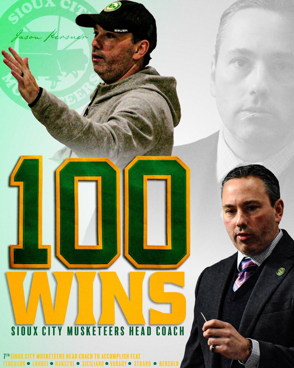 Musketeerhockey's tweet image. Congratulations to head coach, Jason Kersner on his 1⃣0⃣0⃣th victory as head coach of the Sioux City Musketeers 

#SCMusketeers | #USHL | #SiouxCity
