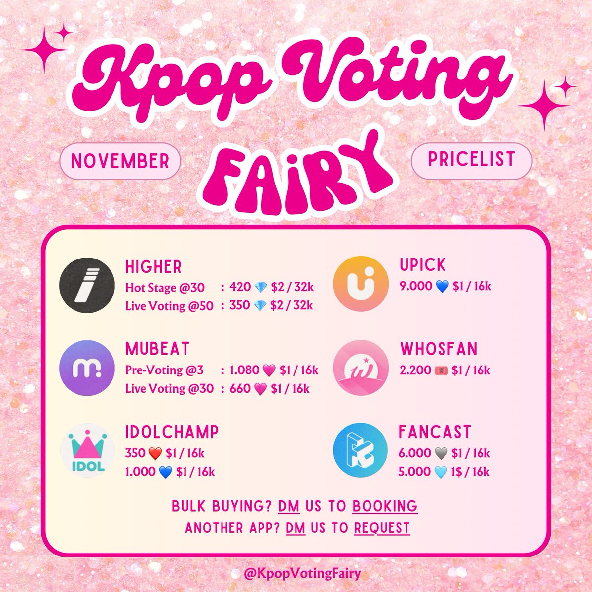 🎀 Hello November 🎀

Higher
Hotstage 420 💎 $2
Real-time 350 💎 $2

Mubeat
Pre-voting 1.080 🩷 $1
Live-voting 660 🩷 $1

Fancast
5.000 🩵 $1

DM TO BOOKING
~ Stock is very limited, so early orders are appreciated 🧚🏻‍♀️

#wts #wtb #sell #promo #vote