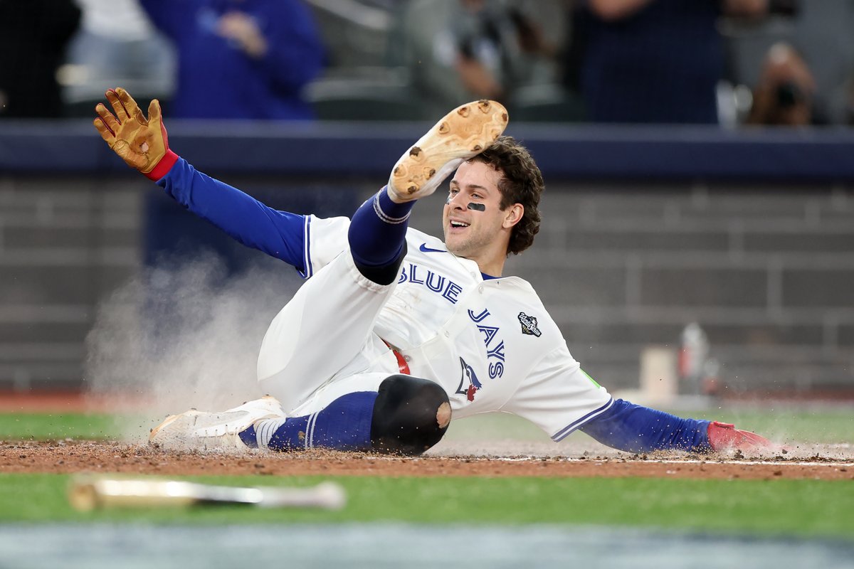 Ernie acting naturally...
Jays now lead 4-2.
Ernie Clement #22 of the Toronto Blue Jays slides across home plate to score a run during the sixth inning against the Los Angeles Dodgers in game seven of the World Series. (Photo by Emilee Chinn/Getty Images)