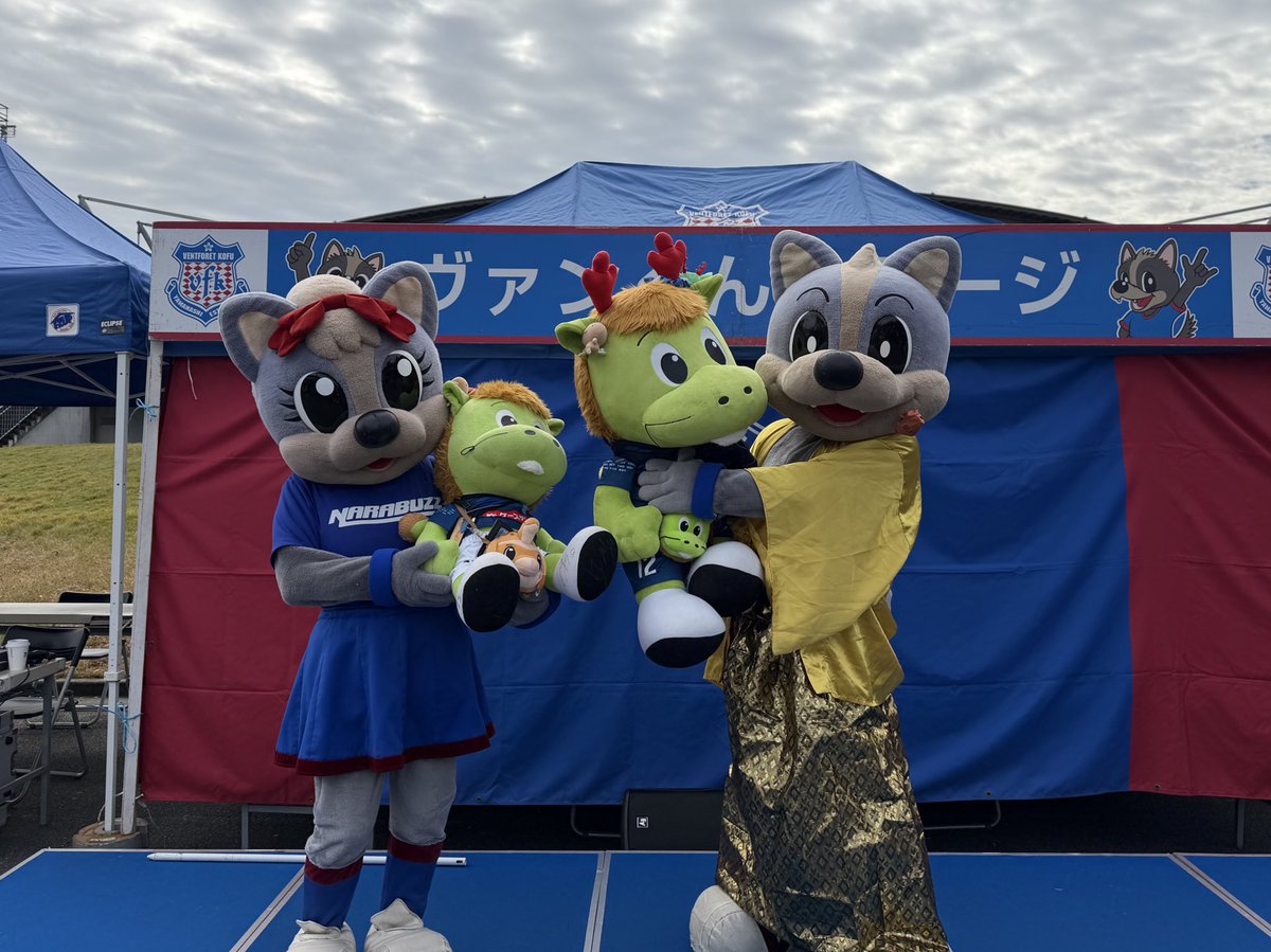 みとサポーターのみなさん
ようこそやまなしへ！！💙❤️

ホーリーくん！！！
きょうもたくさんのサポーターさんが
ぶんしんつれてきてくれたよー🐉✨

#vfk #ヴァンくん #フォーレちゃん
#甲府水戸