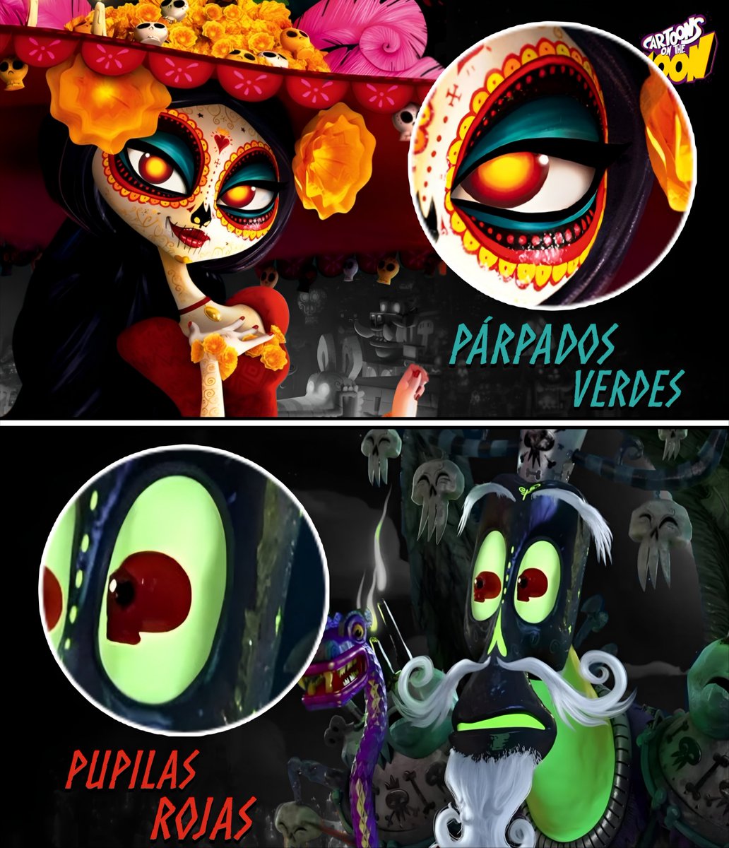 Un dato animado hasta que salga Beyond the Spider-Verse. Día 98:

En la historia de El Libro de la Vida, Xibalba tiene las pupilas de color rojo, siendo el único elemento de este color en su diseño.

Con La Catrina ocurre lo mismo con el color verde agua en sus párpados.

Según