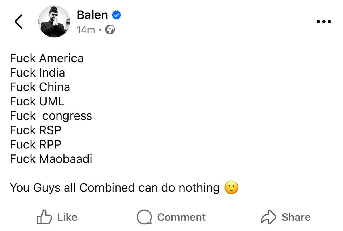 sap_jay96162's tweet image. भालेन्द्र ले स्ट्याटस मा रास्सपा लाई नि Fuck लेखेको छ। बुझ्नुपर्छ घन्टो का झोलेहरु ले
तिम्रो भगबान बनेर आउने भनी हल्ला बजार मा फिजाएको छौ, नि।
हो यस्कै रिफ्लेक्सन हो,भालेन्द्र स्टायाटस ।