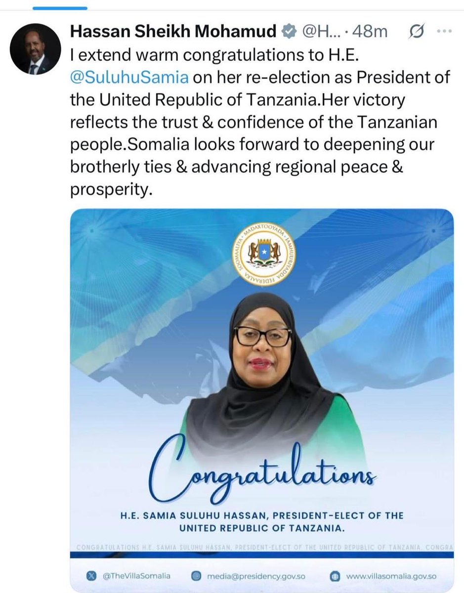 awosman's tweet photo. A wannabe dictator congratulating another, birds of the same feather.   President Samia Suluhu has consolidated power through a disputed election marked by repression and the silencing of opposition, a scenario that mirrors what President Hassan Sheikh aspires to. https://t.co/j53P9VuUaS