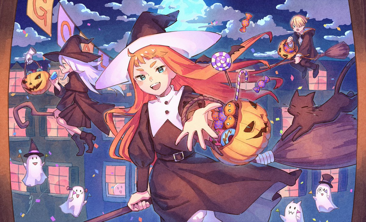 ハロウィンイラストの完成版です！
素早く飛んでより多くのお菓子をゲットしたら勝ち！という、魔法界の中でもローカルな大会という設定です
#ハロウィンイラスト2025