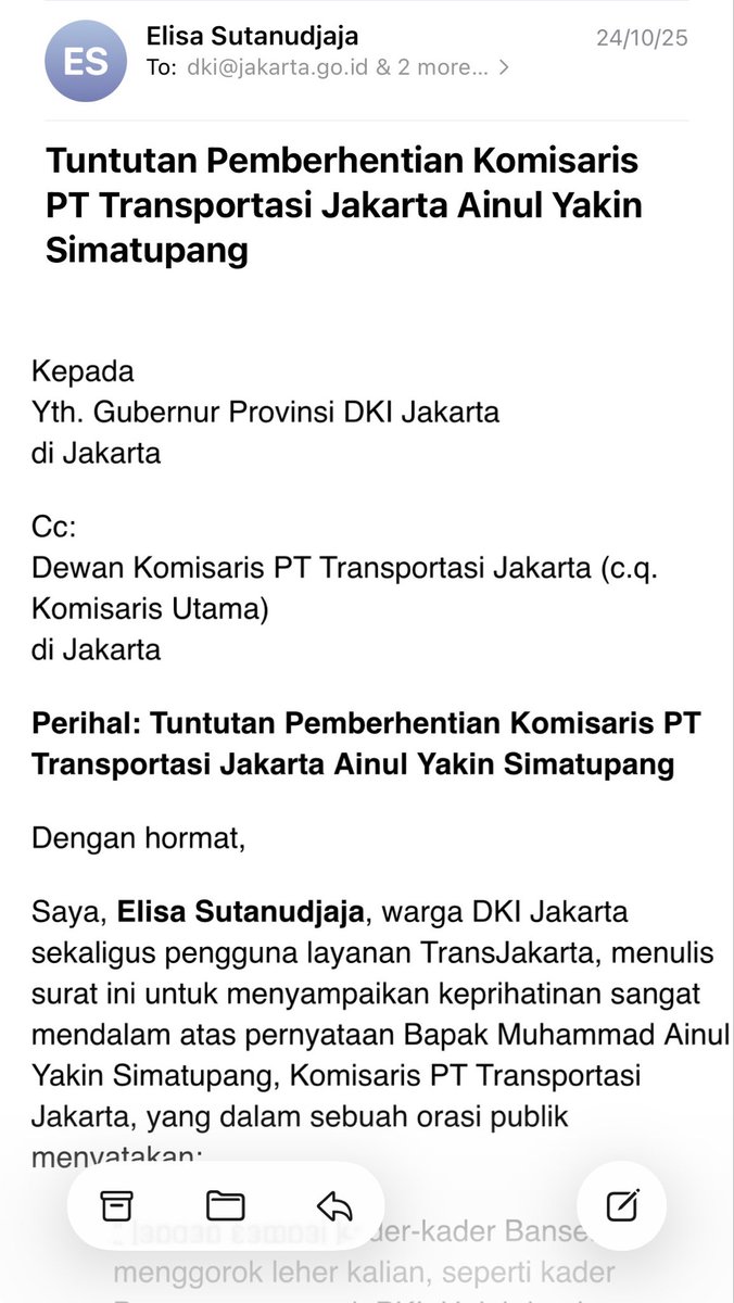 Selamat pagi Gubernur <a href="/DKIJakarta/">Pemprov DKI Jakarta</a> <a href="/pramonoanung/">Pramono Anung (IG : @pramonoanungw)</a>.
24 Oktober 2025 silam, saya kirim email menuntut pemberhentian/pemecatan Komisaris <a href="/PT_Transjakarta/">Transportasi Jakarta</a> krn mengumbar ujaran kekerasan, pembunuhan dan pembakaran di ruang publik (di Bandung pula!)
Sdh baca? Sdh hari ke 9.