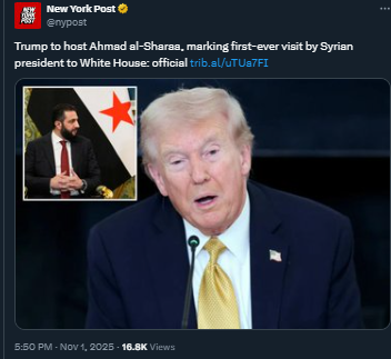 <a href="/Odelia_Too/">Odelia</a> <a href="/OhNoMo6/">OhNo</a> <a href="/IsraelandUSA/">Israel & USA United</a> <a href="/IngloriousBhere/">IngloriousBhere🇺🇸🇮🇱MAGA1776🇬🇧DEMSareNAZIS</a> <a href="/wearewhiterose_/">🇺🇸(((WHITE ROSE)))🇮🇱</a> <a href="/ZoharInside/">🇮🇱 ✡ (((Zohar))) ✡🇺🇸</a> <a href="/YazidiRescueOps/">Yazidi Rescue Ops</a> <a href="/YourTimesCome/">The Real President - Your Time Has Come</a> <a href="/RoverDov123/">Veronica (PR Manager) For #CreaturesOfClay</a> <a href="/chrispeterson65/">Chris Peterson</a> <a href="/coinabs/">Abraham ben Jacob</a> <a href="/Corp125Vet/">Bob McCarthy ⭐️⭐️⭐️</a> <a href="/montimai/">Fr William Barrocas</a> <a href="/David_in_DFW/">David in D/FW, Texas 🇺🇸🙏🇮🇱</a> On the left:  Ahmad al-Sharaa, the "President" of Syria with his old name &amp; look. Biden took the bounty off. This Turkey-backed former al-Qaeda leader is an Islamist who caused the deaths of many Christians. Trump lifted sanctions on Syria &amp; will host him in the White House 11/10