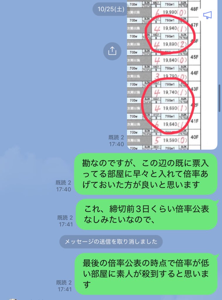 ちなみに、倍率がこう動くことは当然事前に分かるので、友人にはこんな感じでアドバイスしてました笑　

一応読み勝ちして高層階では1番低倍率の部屋に入れることは出来ました。それでも5倍とかですけど、、、😓