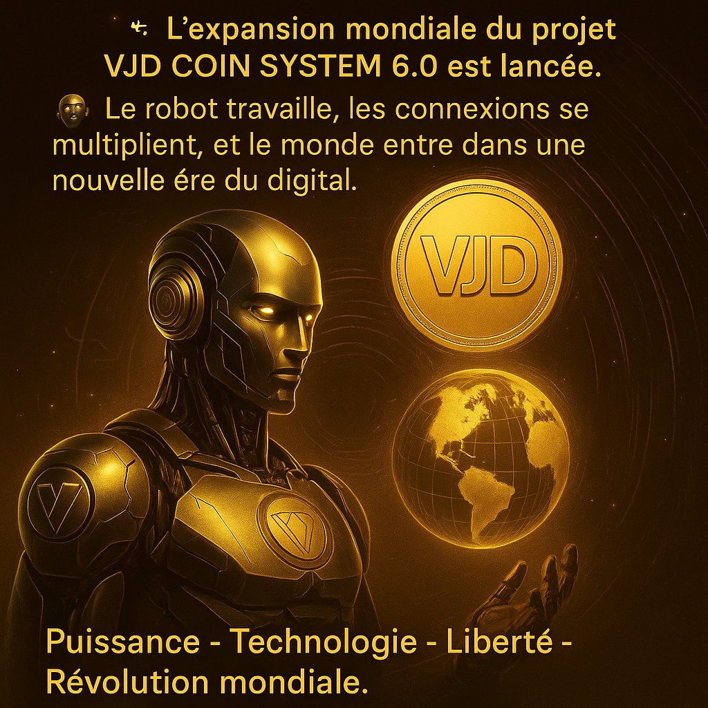 valiemen96553's tweet image. 🚀 PHASE 2 — L’AMPLIFICATION COMMENCE 💎
Le monde s’éveille.
Les connexions s’activent.
Le robot travaille.
🌍 VJD COIN prend son envol.

vjd-dashboard.com

🔥 Né à La Réunion. Conçu pour dominer le monde.

#VJDCOIN #VJDSYSTEM6 #RevolutionDigitale
