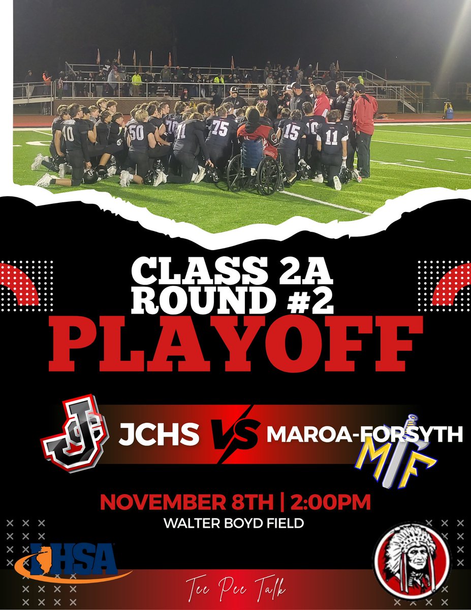 Game is set for Saturday November 8th at 2pm. The <a href="/FAMILY_all_in1/">JCHS Football</a> will take on <a href="/MTFFootball/">Maroa-Forsyth Football</a> at Walter Boyd Field.  We 👀 you!! <a href="/BDC_Sports/">Black Diamond Conference</a> <a href="/BDC_Stats/">BDC Football Stats</a> <a href="/sisportswithCD/">Southern Illinois Sports with Chris Dexter</a> <a href="/SoWestILHSSport/">Southwestern Illinois Sports</a> <a href="/NUICFootball/">NUIC Football</a> <a href="/CILFootball/">Central Illinois Football</a> <a href="/IVHSSports/">IVHSS</a>