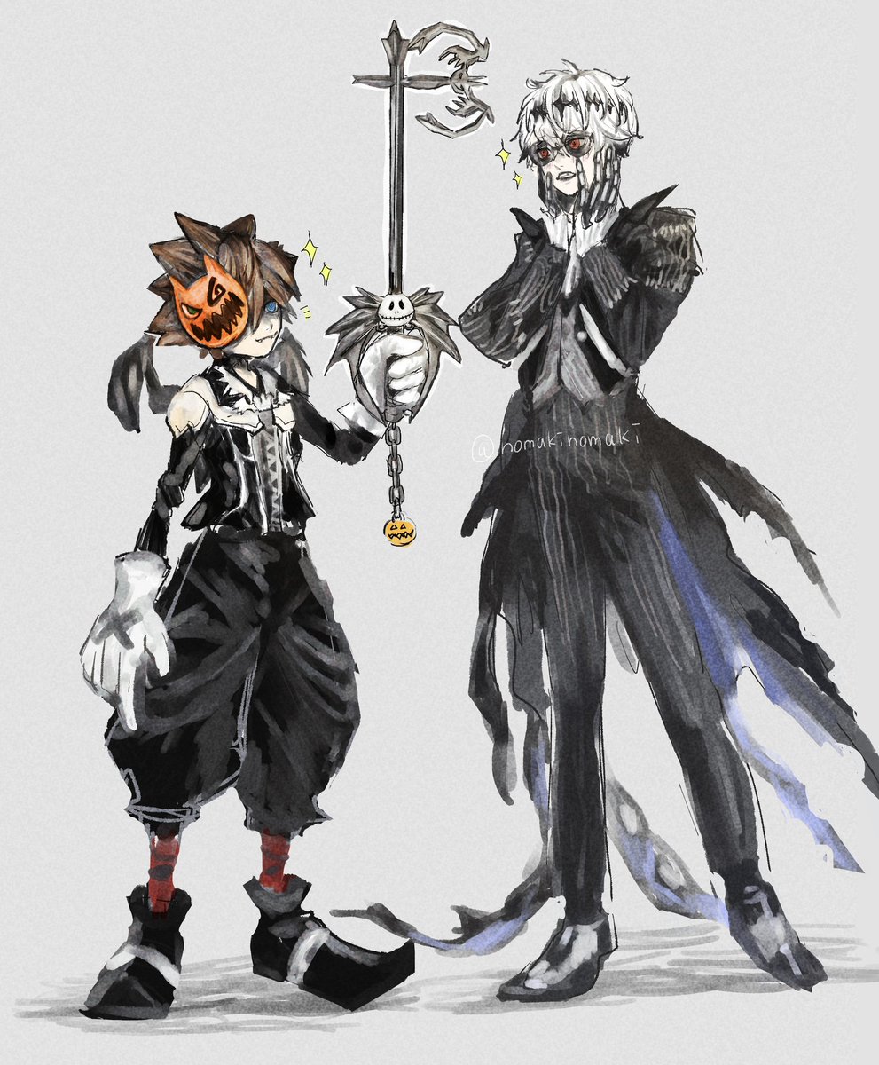 nomakinomaki's tweet photo. ソラとスカリーくんとキーブレード🎃 
全身
#ツイステファンアート https://t.co/cQWcpZnBPo
