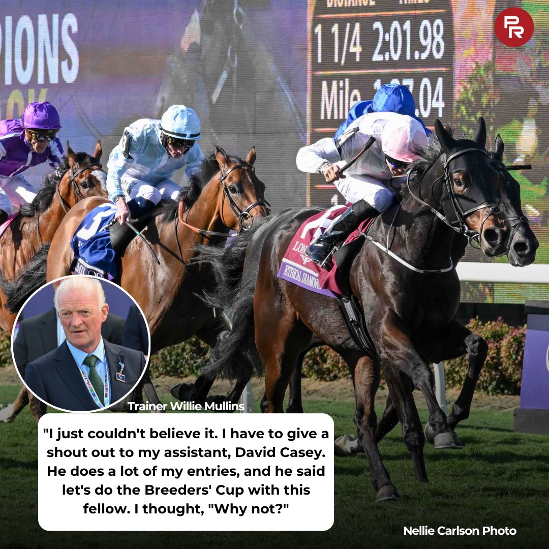 paulickreport's tweet photo. Ireland's 19-time champion steeplechase trainer, Willie Mullins, has pulled off a massive coup in the Breeders' Cup Turf, saddling Ethical Diamond to win the $5 million contest at odds of 25-1. https://t.co/O9a2ebVj8g