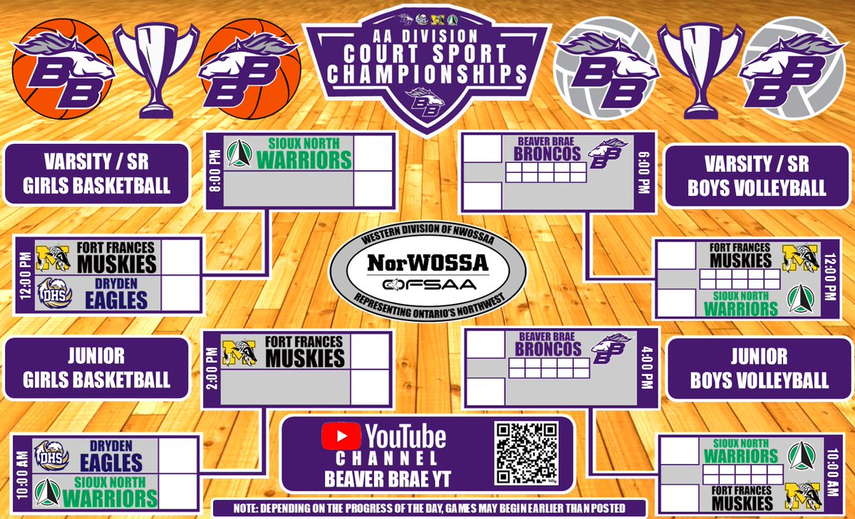NorWOSSA "AA" Division
Fall 2025 Court Sport Championships Schedule
Hosted by Beaver Brae SS
November 4th