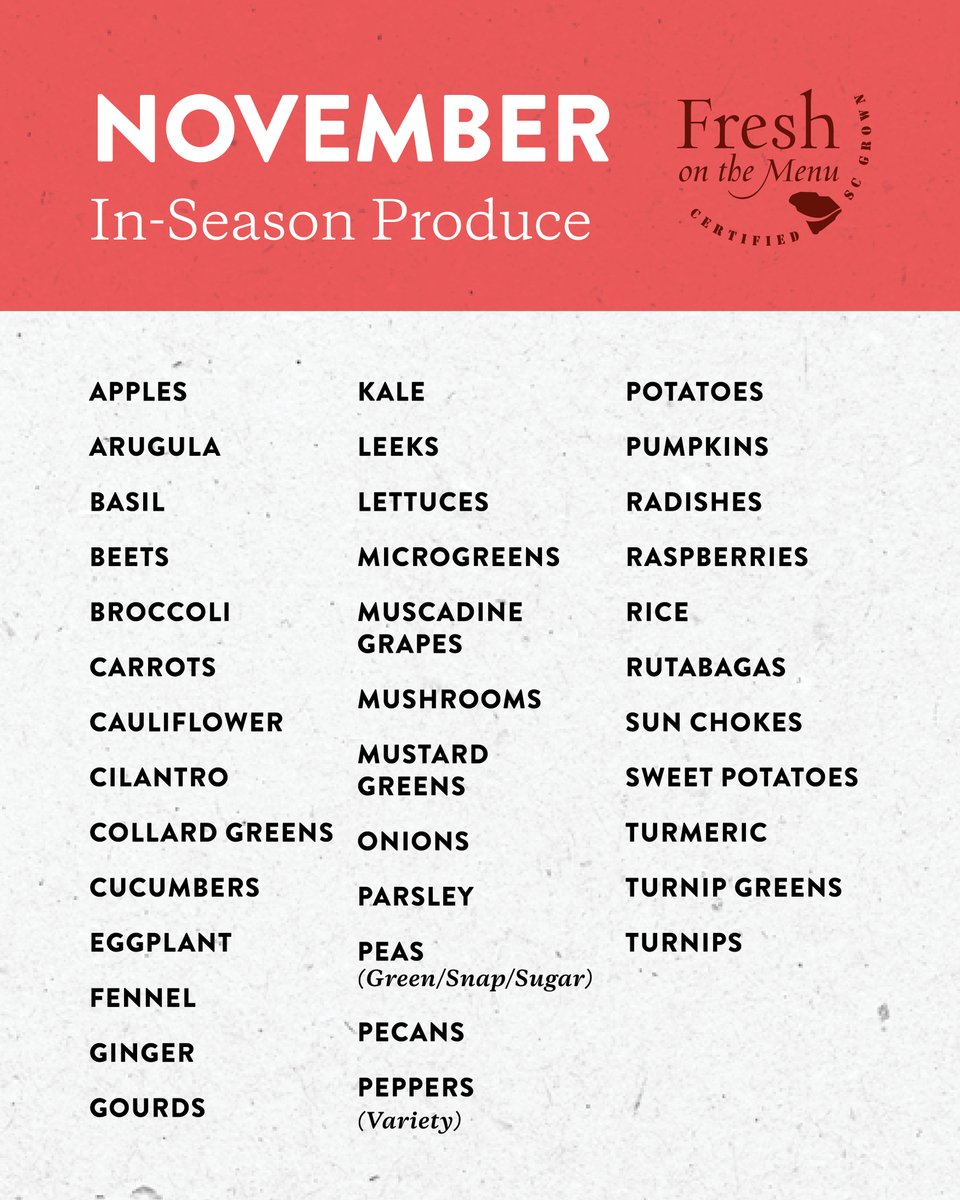 FreshOnTheMenu's tweet image. Thankful for greens 🥬 and everything in between. Stock your table with SC-grown favorites this November! #CertifiedSC