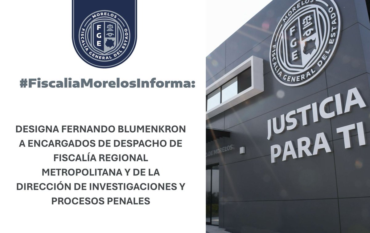 El encargado de despacho de la <a href="/Fiscalia_Mor/">FISCALIA MORELOS</a> Fernando Blumenkron designó a Yesenia Vega Terrones y Erik Jiménez Espada, como encargados de despacho de la Fiscalía Regional Metropolitana y de la Dirección de Investigaciones y Procesos Penales de dicha zona, respectivamente.