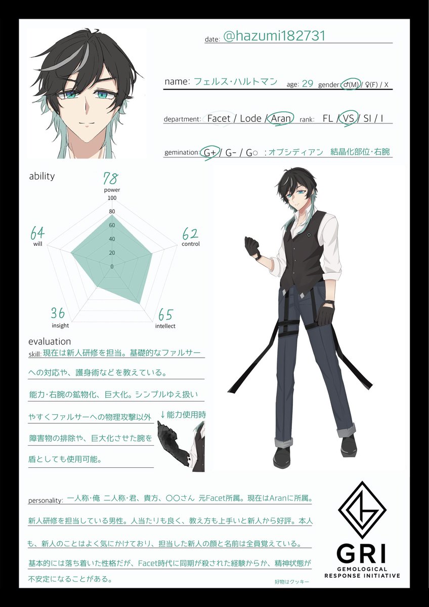 hazumi182731's tweet photo. こちらの企画様【@GRI_Project】に参加させて頂きます！！

クッキーが好きな新人研修係のお兄さんです。よろしくお願いします( *˙꒳˙*)ﾉｼ
もう1人、女の子もいるので後々貼る予定

「習ったこと、ちゃんと覚えてる？それじゃあ、行ってらっしゃい」

#GRI_CS
#GRI_Aran
#GRI_RP https://t.co/IZFdC3QoX7