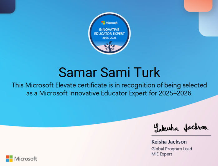 SamarTurk7's tweet photo. لقب Microsoft Innovative Educator Expert (MIEE) للسنة الثالثة على التوالي! 🌟3rd year MIEE 2025-2026
هذا الإنجاز يعني لي الكثير، فهو تأكيد على استمراري في رحلة الابتكار في التعليم ودمج التكنولوجيا في الصف بأساليب تفاعلية تُحدث فرقًا حقيقيًا في تعلم طلابي.
#MIEExpert #MicrosoftEdu https://t.co/tfVXr8e1hB