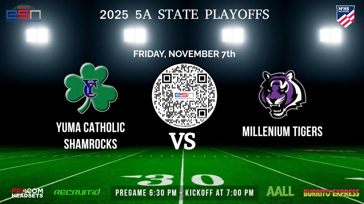 EpicSportsTV's tweet image. The People have spoken 🗣️

Join us next Friday Night as @MillenniumFB hosts @YumaCatholic in the First Round of the @AZPreps365 Playoffs! We're on-the-air at 6:30pm w/ @JP_Bcast, @msrossdc &amp;amp; guest Analyst @MattLoeschman from Goodyear, AZ! 🏜️🏈🔥

📺 nfhsnetwork.com/events/epic-sp…