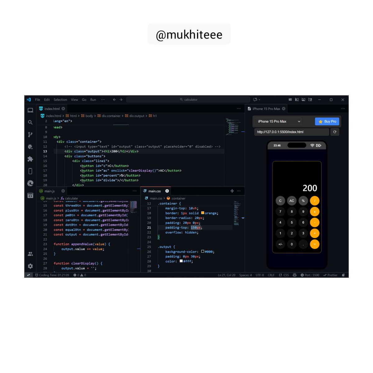 mukhiteee's tweet image. Day 6/100 - #100DaysofCode
✅ Created a calculator
✅ The main goal was the recreate iPhone's calculator UI Design