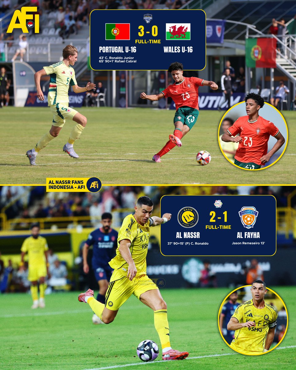 AlNassrFansInd's tweet photo. Cristiano Ronaldo dan sang putra, Cristiano Ronaldo Junior, sama-sama tampil gemilang dalam waktu kurang dari 24 jam. 🌟

Selengkapnya ada di sini 👇🏻
https://t.co/UKcUEbDLfT https://t.co/L364b4tbAb