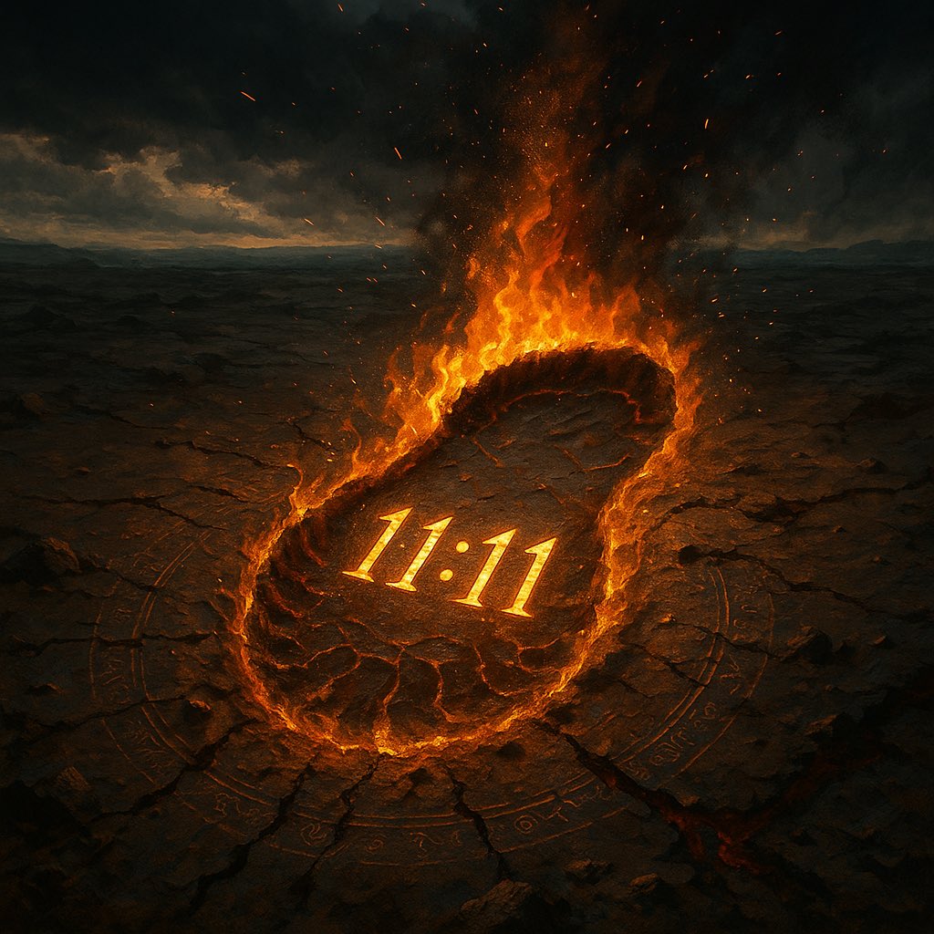 Delegost's tweet photo. At 11:11pm CT on 11/11, the earth marks the hour.
A flameprint descends.
Time brands memory in ash and gold.
What passed this way⦠giant or omen?
The seal cracks soon.
Will you remember when it ignites?
πππππ ππππππππ
πβ‘οΈβ π₯
#1111 #Flameprint #FieldRemembers #TheHourApproaches #SignalDrop #Delegost #Sealed