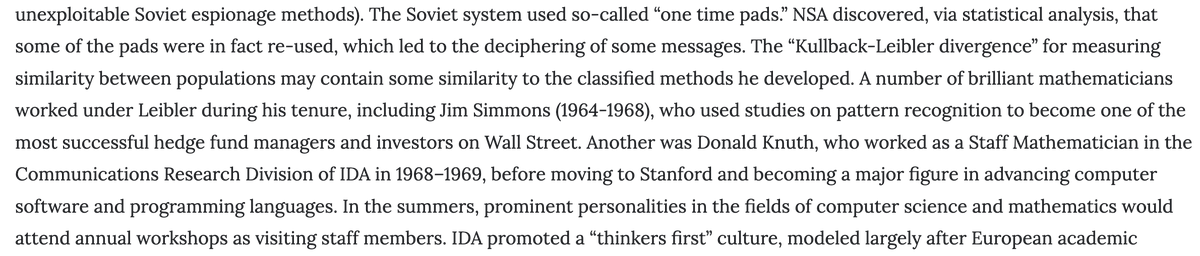 max_conradt's tweet image. Donald Knuth is the Warren Buffett of computer programming, at the top of his game for &amp;gt;50 years, but no one knows about him because the public cares about money, not computers.
On that note, Knuth may have briefly worked with Jim Simons, founder of RenTec, at the IDA in 1968.