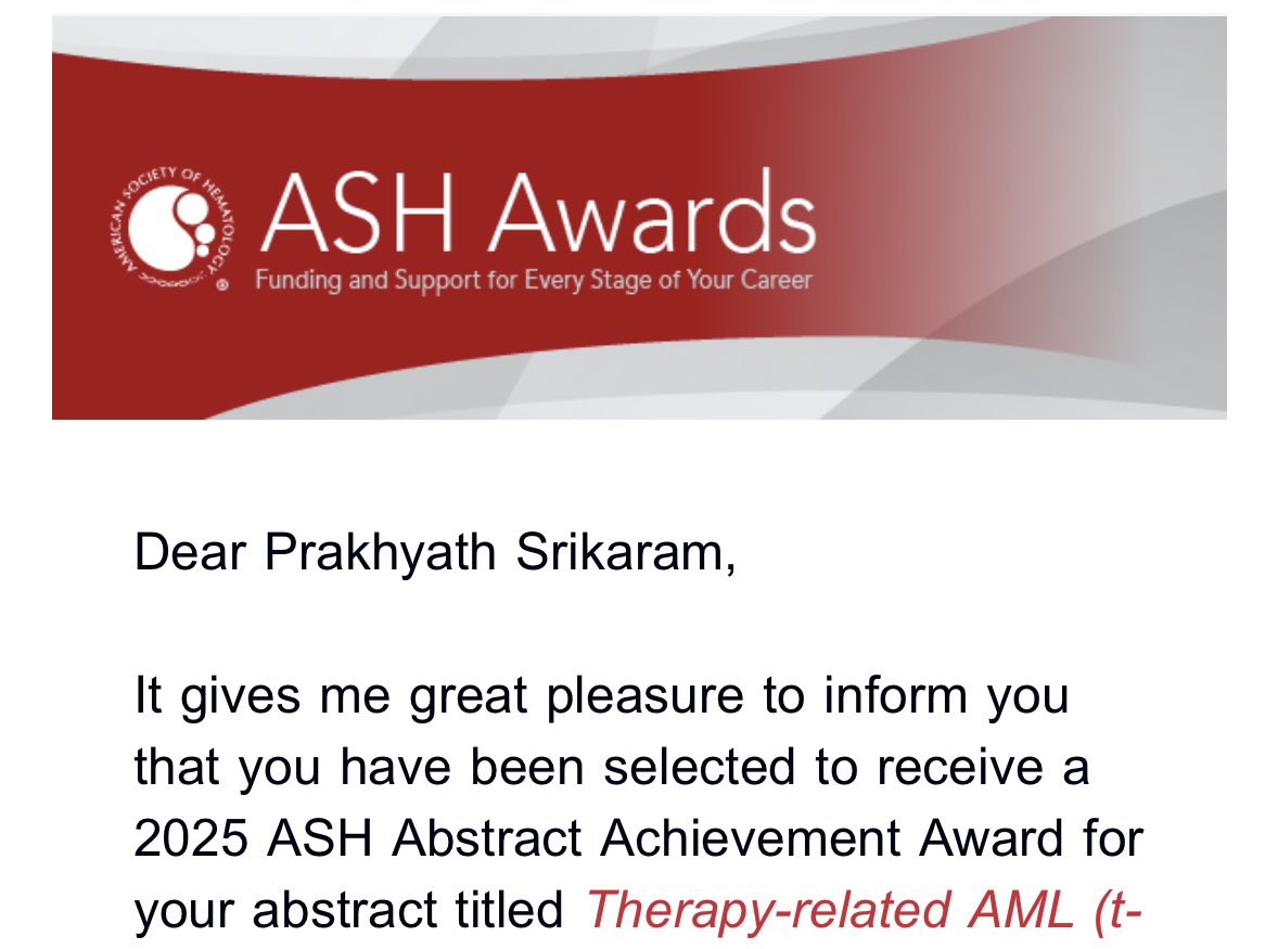 Honoured to receive the 2025 ASH Abstract Achievement Award from <a href="/ASH_hematology/">ASH</a>! Excited to present our work at the 67th ASH Annual Meeting this December in Orlando. Grateful to my mentors and collaborators for their guidance and support! 🙏

#ASH25 #Hematology #MedTwitter