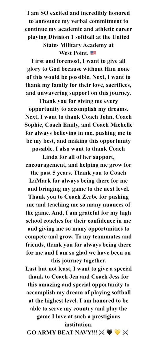 Duty. Honor. Country.🇺🇸🇺🇸
#Committed 
#GoArmyBeatNavy

<a href="/ArmyWP_Softball/">Army Softball</a> <a href="/JenConsaul/">Jen Consaul</a> <a href="/jessgorman01/">Jess Gorman</a> 
<a href="/WestPoint_USMA/">U.S. Military Academy at West Point</a> 

<a href="/Org_LLG/">Lady Lightning Gold Org Account</a> <a href="/LLGELITE/">LLG Elite Corn 16u</a> <a href="/sophwools/">Sophie Wools</a> <a href="/LLGCOACH/">LLG</a> 
<a href="/AHNathletics/">Holy Names Athletics Tampa</a> <a href="/_LBII_/">LaMark Brown</a>  <a href="/los_stuff/">Carlos Arias</a> <a href="/LineDsoftball/">Line Drive Media</a> <a href="/ExtraInningSB/">EXTRA INNING SOFTBALL</a>