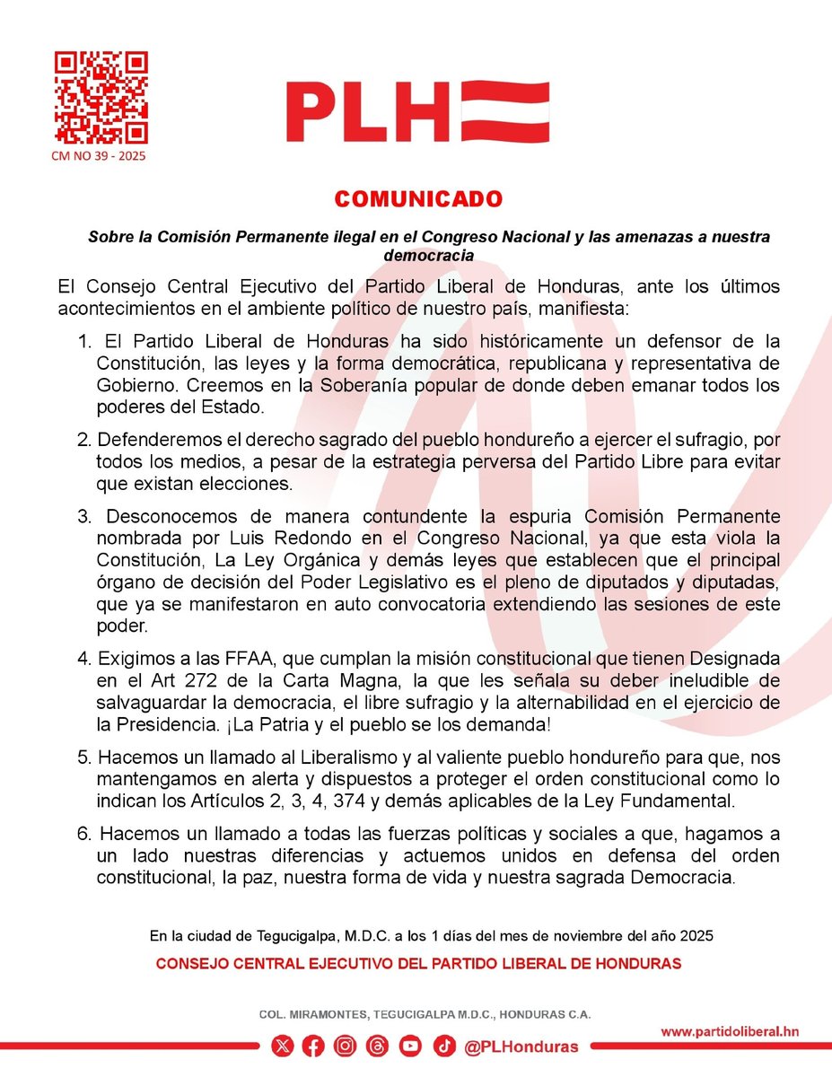 📢 Comunicado del Consejo Central Ejecutivo del Partido Liberal de Honduras sobre la Comisión Permanente ilegal en el Congreso Nacional y las Amenazas a nuestra democracia a pocos días de las elecciones.