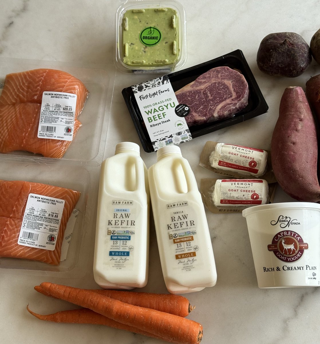 Small grocery haul:

- Salmon
- Grass fed wagyu beef
-  Raw kefir
- Goat yogurt
- Goat cheese
- Sweet potato
- Carrots
- Beets
- Guacamole

Shopping for more produce tomorrow at the Farmers market 🍓🫐🥕🥬