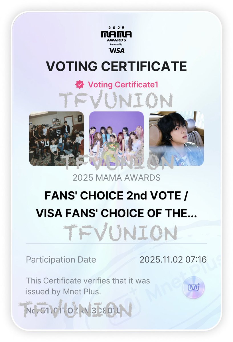 TFVUnion's tweet photo. MAMA AWARDS 2025 🏆
2nd VOTING | DAY 4
 <MATCHING VOTE>

FANS’ CHOICE
✅ Female: Vote for TWICE 
✅ Male: Vote for TREASURE

VISA FANS CHOICE
✅ JIN

🎯 1000+ PROOFS ‼️

SHARE YOUR VOTING PROOFS
 Include the tags 👇
I vote for #TWICE at #2025MAMAVOTE https://t.co/4wSUT3UOO3