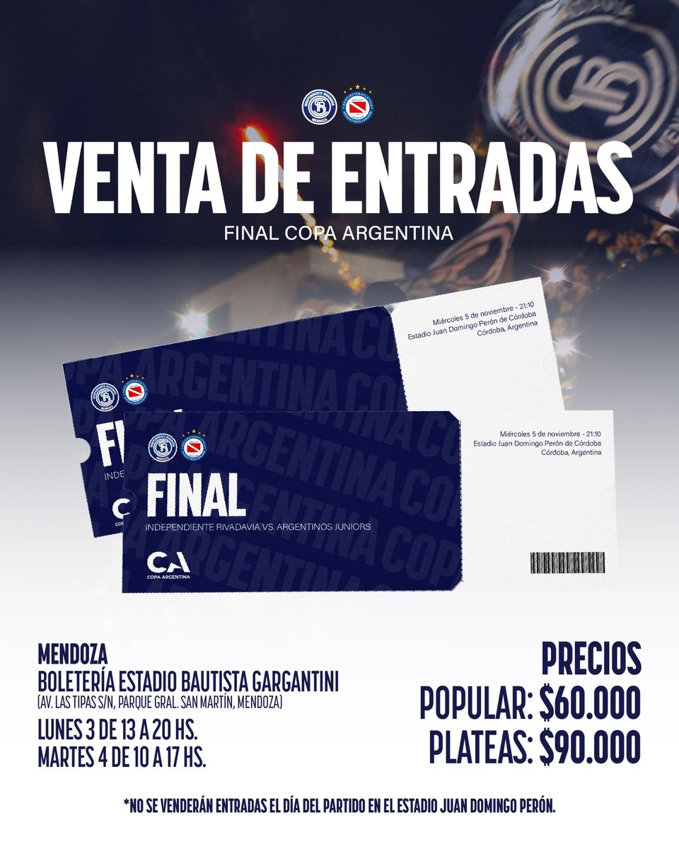 🎟️ Venta de entradas – Final Copa Argentina

El Club Sportivo Independiente Rivadavia informa que la venta de entradas físicas se realizará en las boleterías del Estadio Bautista Gargantini (Av. Las Tipas S/N, Parque Gral. San Martín, Mendoza):

🗓️ Lunes 3 de noviembre – de 13:00