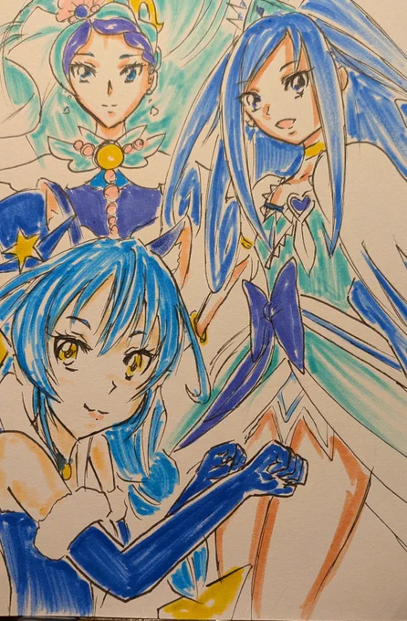 #プリキュア版深夜の真剣お絵描き60分一本勝負 遅刻参加。 お題「青キュア」 好きな3大青キュア、ツバメ、イルカ、ネコの空海陸トリオ。