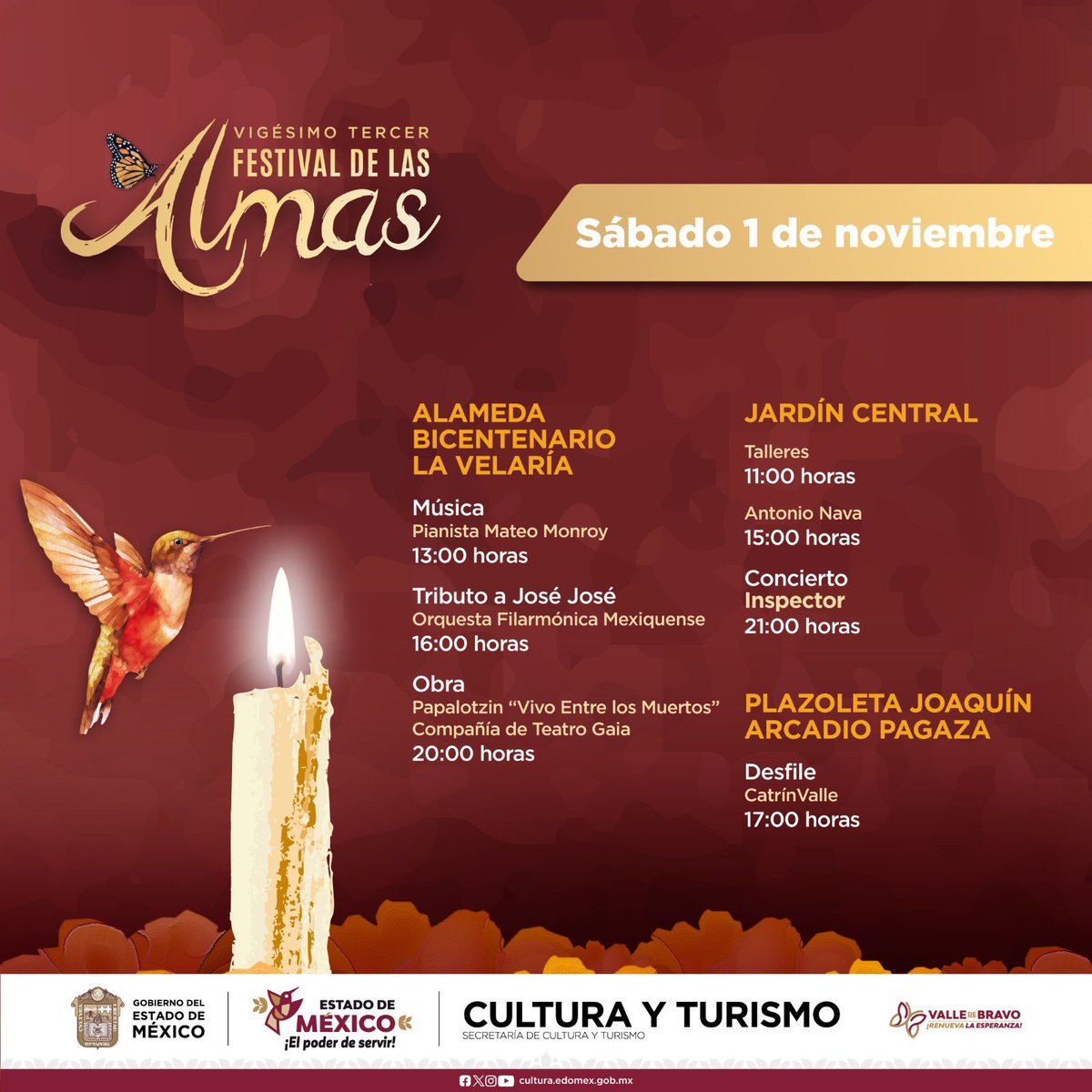 SaludEdomex's tweet image. Conoce el programa de actividades para este sábado 1 de noviembre en el #FestivalDeLasAlmas 2025.
Disfruta de diferentes actividades como talleres, presentaciones musicales y el tradicional desfile #CatrínValle.
#ElPoderDeServir