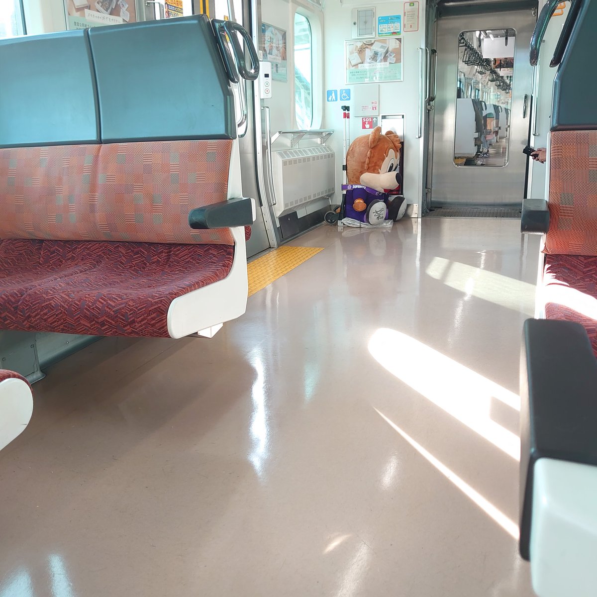 常磐線になぜかサンフレッチェのマスコットが乗車してる🤣ルヴァンカップ優勝おめでとう🎉