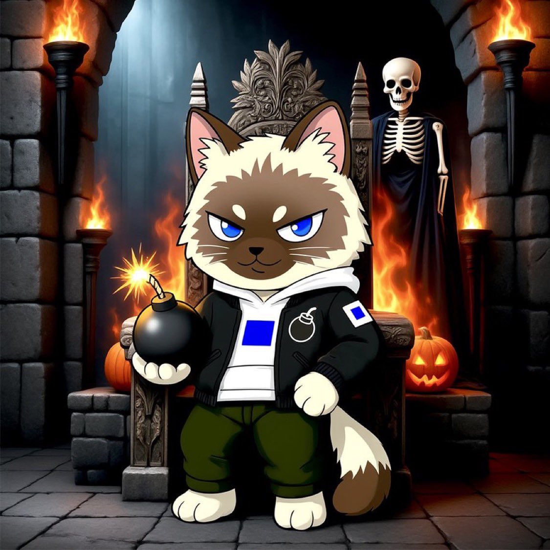 卡通猫手持点燃的炸弹，场景为万圣节主题的王座室，旁边有骷髅和南瓜