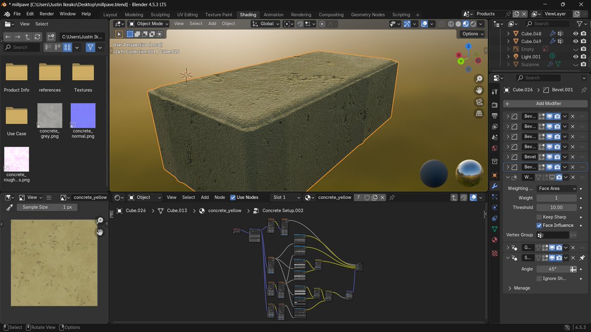 jikeako's tweet image. As good of a concrete material as I&apos;m going to get for now. Tried for hours to get AO maps for the concave edges, but somehow couldn&apos;t? Whatever. I&apos;m just going to set up the other colors and bake everything next