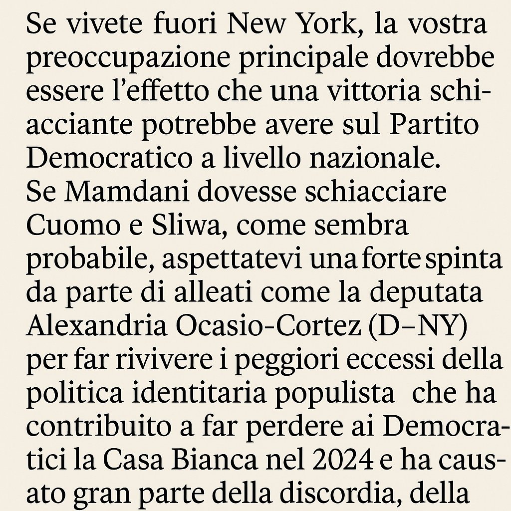 "Se non vivete a #NY, dovreste preoccuparvi dell'effetto che la vittoria potrebbe avere sul #PartitoDemocratico nazionale. Se #Mamdani dovesse schiacciare #Cuomo e Sliwa, come sembra probabile, aspettatevi una forte spinta da parte di alleati come la deputata #AOC..."
⬇️
