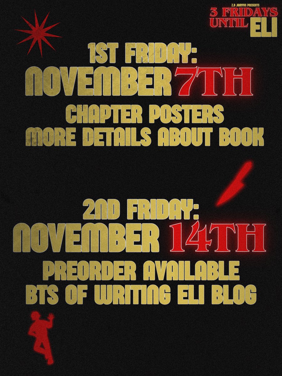 zbjamyus's tweet photo. In celebration of Eli's arrival this month, I've been working on “3 Friday Until Eli.” Every Friday until November 28th, new releases will be made, so stay tuned because this month will be intense....🩸👀🔪 https://t.co/NU2kkPzTR8