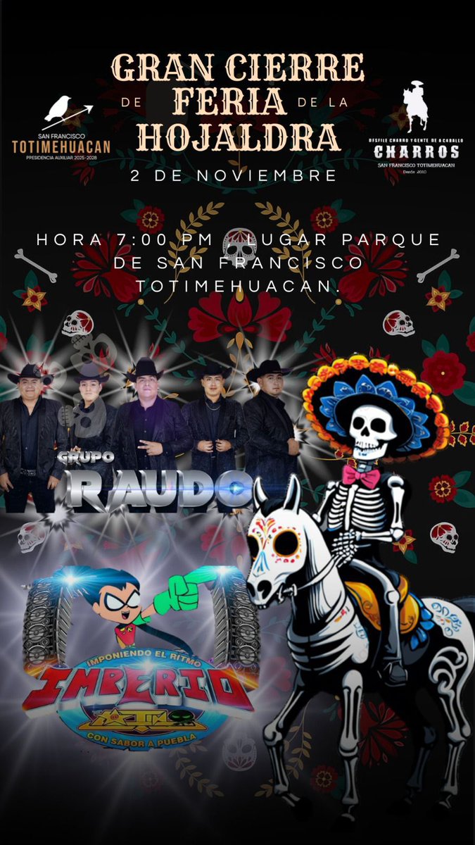 pepemendozapue's tweet photo. Adquiere todo lo que necesitas para este #DíaDeMuertos. 💀

Acude al zócalo de San Francisco #Totimehuacan y disfruta de la variedad de hojaldras que los productores tienen para ti.

No te pierdas de la Cabalgata este 2 de noviembre y de la presentación  de grupo Raudo.💃🏻🕺🏻 https://t.co/wDRirD3aF5