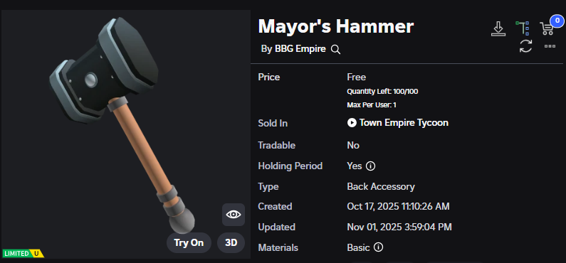 Xh0PlUgc's tweet image. 🔴New limited item &lt;&lt; Town Empire Tycoon &gt;&gt;
📦Stock: 100
❗How to get it: You will need to stay in the top 100 for 1 week and then you will be able to get it.
➡️roblox.com/catalog/737608…
➡️roblox.com/games/72861162…
#Roblox #RobloxDev #RobloxFreeUGC #RobloxUGCLimited