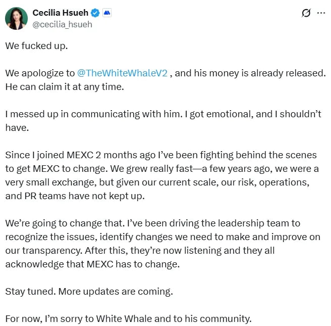 MEXC unblocked $3.1 million in previously frozen assets from trader The White Whale following a public scandal.

x.com/cecilia_hsueh/…