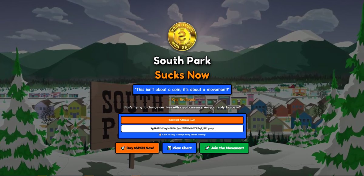 If my thesis is right, that this will be the greatest meme in retail/crypto. South Park joking around launching a memecoin. Where we can AI generate contents and the meme is pretty viral. Billy soon

even made a website for $SPSN

spsndotfun.vercel.app

-Basis
