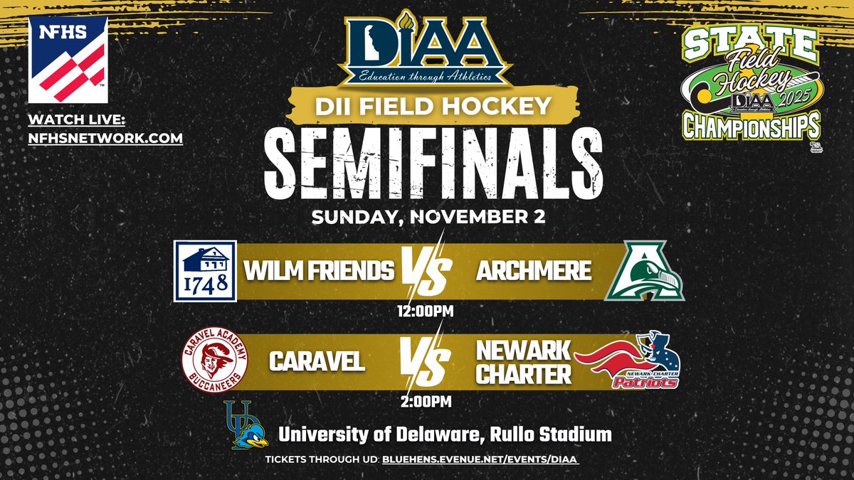 DIAA_Delaware's tweet photo. 🚨Semifinal Showdowns!

The DIAA DII Field Hockey State Semifinals hit the turf TODAY at the University of Delaware 🏑🔥

Who’s moving on to the Championship? 🏆

🎟️ Tickets ➡️ https://t.co/Y1DjhcDjGf
Bracket ➡️ https://t.co/Hs92WXMS2u

#DIAA #FieldHockey #DIAAChampionships https://t.co/qQtB3SLCKu