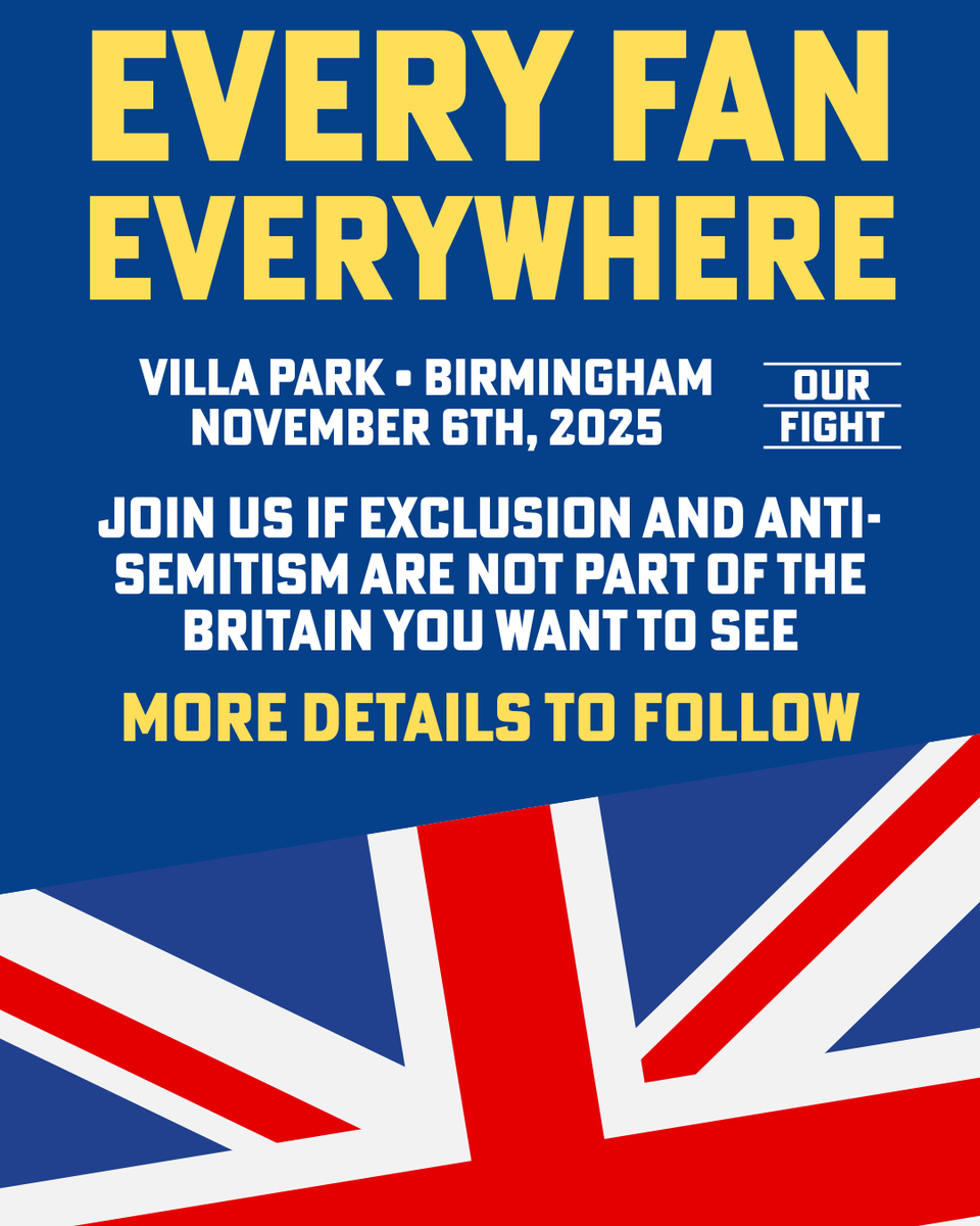 OurFightUk's tweet photo. Aston Villa banned Maccabi Tel Aviv fans from their Europa League match on November 6th, and now divisive figures like Akhmed Yahood, Jeremy Corbyn MP and Ayoub Khan MP plan to protest against the team and its players — aiming to drive Israel out of sport and Jews out of public life.

But November 6th can be an opportunity for an alternative voice to be heard. One that says that these extremists do not speak for football fans, for the people of Birmingham — or for the UK.

We will be outside Villa Park to stand in solidarity with anyone who wants to say: exclusion and anti-Semitism are not part of the Britain we want to see.

This match takes place just three days before Remembrance Sunday. It's an opportunity for our generation to stand against the politicians that seek division — the same battle that our grandparents and great-grandparents fought.