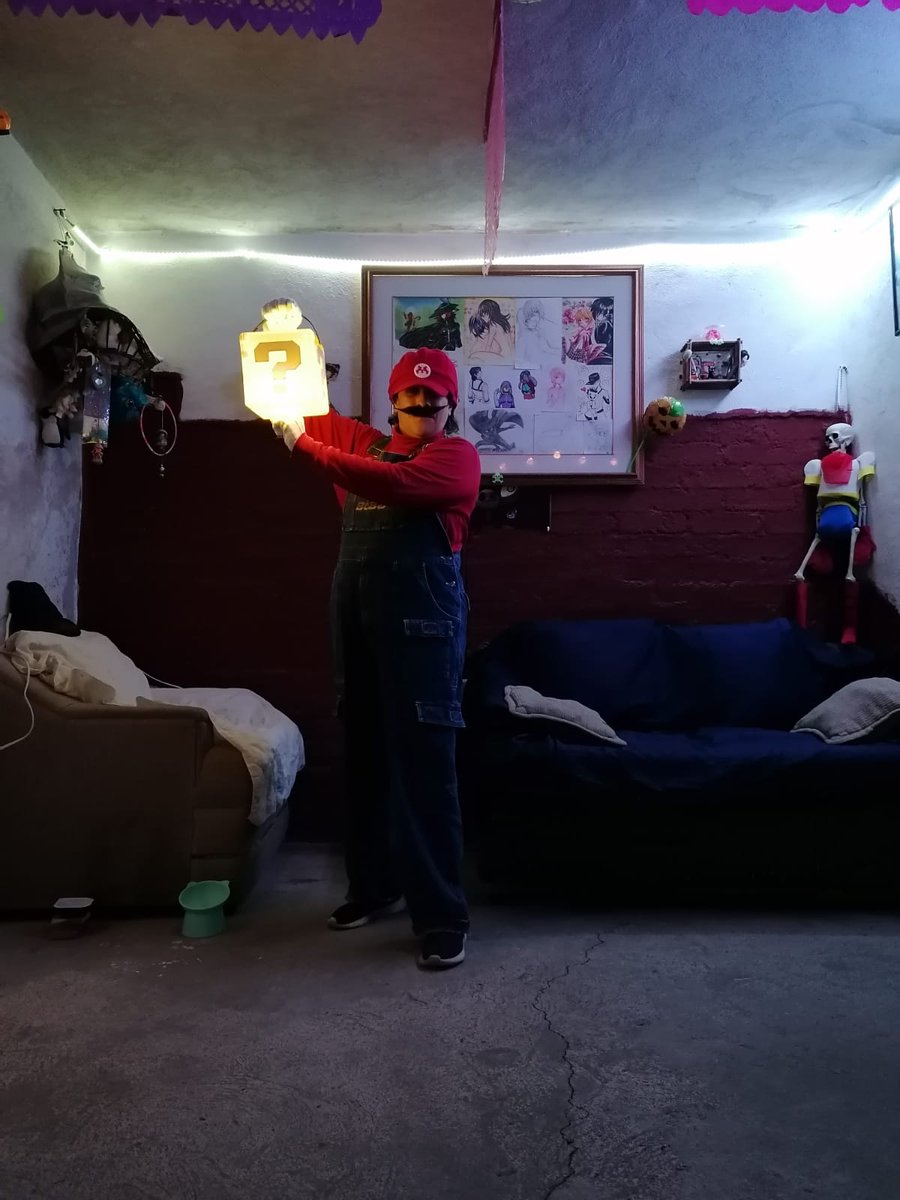HesseSared's tweet photo. Este año no ando muy de humor para un disfraz elaborado, así que improvisé un Mario Bros. Creo que quedó bien, que Papyrus se ve impresionado. 😆 https://t.co/6BTk06kxe7