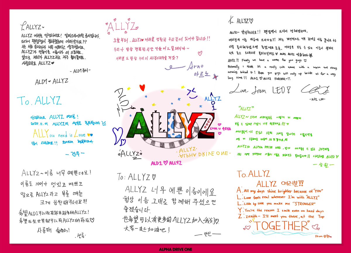 📢[25.11.1]

plus chat update

To. ALLYZ ┈♥┈ From. ALPHA DRIVE ONE

: ALLYZ~ the name is so pretty! The name’s meaning is cool and pretty. From now on, when we call ALLYz, please cheer loudly!

Hope ALD1 can gain more and more ALLYZ! Hope ALLYZ will exist all around the world.