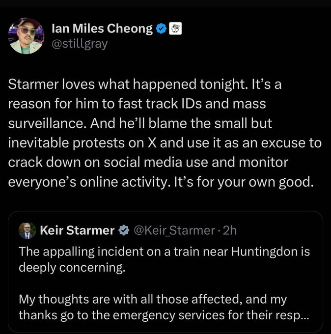 ferozwala's tweet image. #Breaking 
Starmer will 'use tonight's APPALLING train incident to fast-track IDs &amp;amp; MASS surveillance'?

🚨The stabbing incident on a train in #Huntington, #UK, is declared a terrorist Attack 

x.com/ferozwala/stat…
▪️Police have issued a “Code Plato” for the Huntingdon train
