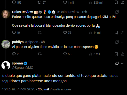 Spreen se suma al carro de hate contra Dalas, acusándolo falsamente de estafa... 

¿Hasta cuándo este tipo de gente van a repetir las mismas mentiras?, lo peor es que da igual, la manada de imbeciles siempre van aplaudir lo que sea.

Repetir mil veces una mentira no la hace real.
