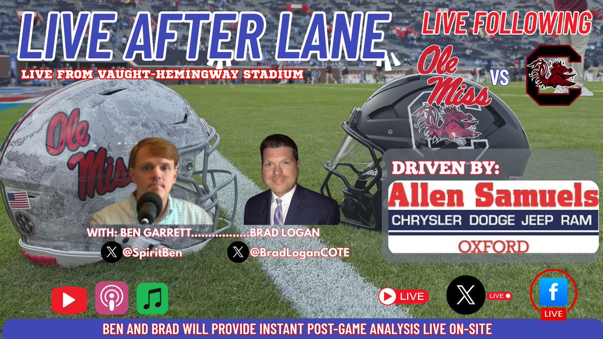 Join us LIVE following Ole Miss vs South Carolina from Vaught-Hemingway Stadium!  

Ben Garrett (<a href="/SpiritBen/">Ben Garrett</a>) of the <a href="/OMSpiritOn3/">The Ole Miss Spirit</a> and I are set to join you for "LIVE after Lane" via X, YouTube and Facebook.   

Driven by: Allen Samuels of Oxford