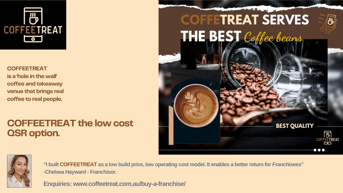 GarrawayGrant's tweet image. COFFEETREAT is a 'hole in the wall' coffee and takeaway shop that brings real coffee to real people.

It is the low cost #QSR option.

Make your mark and be the go-to place in town.

coffeetreat.com.au
Call 1300 905 019

#COFFEETREAT #CoffeeFranchise #BeYourOwnBoss
